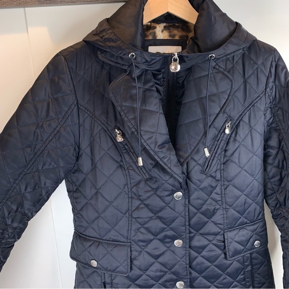 Laundry by Shelli Segal Black Puffer Coat Removable Hood Cheetah Lining sz XS - Picture 2 of 14